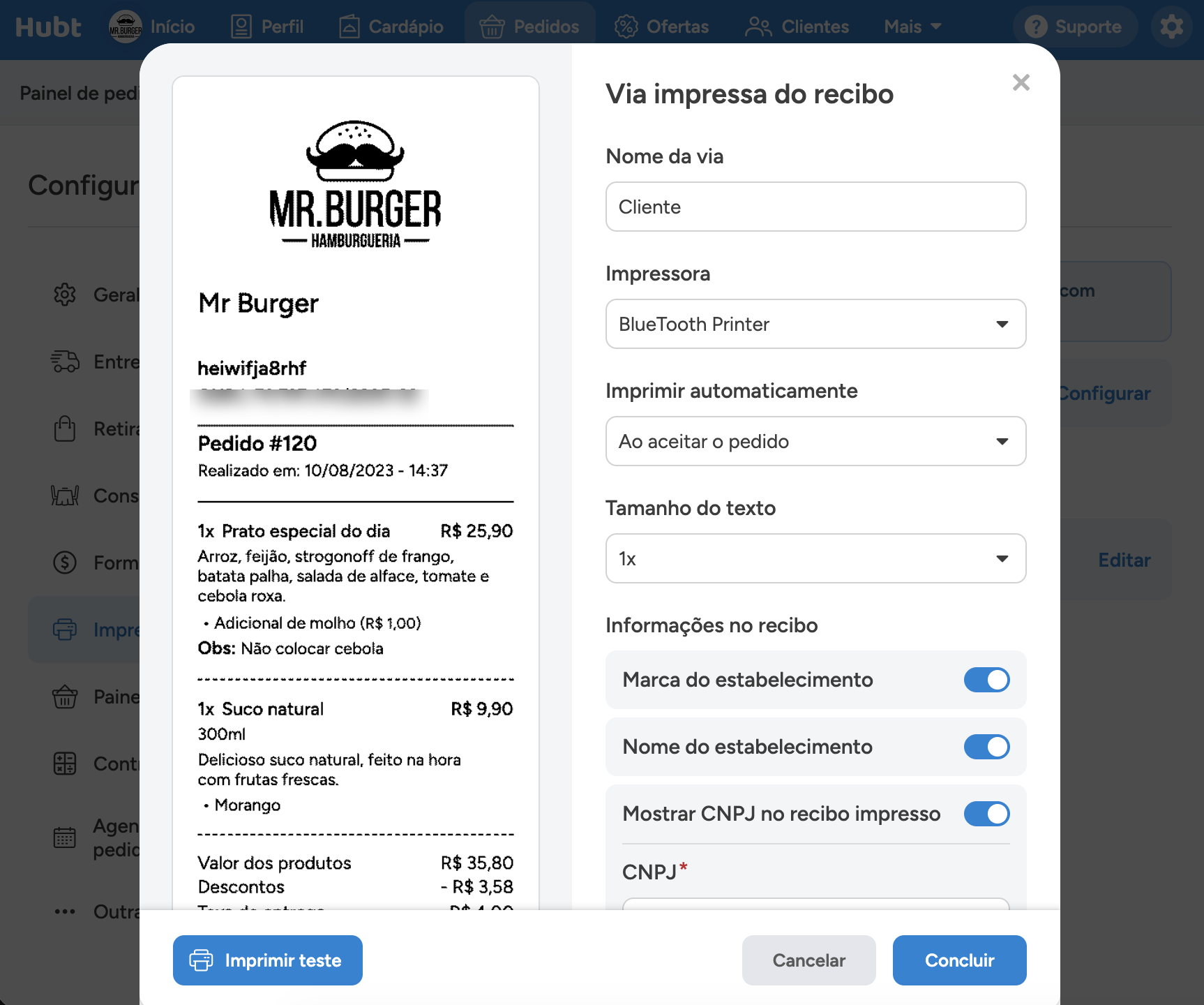 Janela Via impressa do recibo, com a prévia à esquerda e o nome, a impressora, o momento da impressão e o tamanho do texto à direita