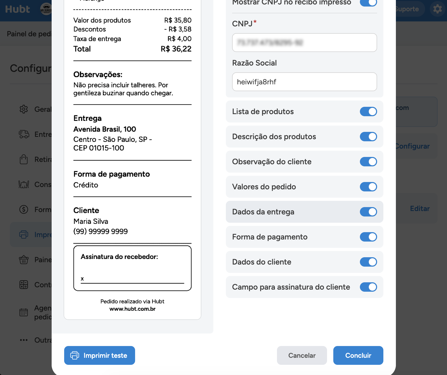 Lista Informações no recibo com as chaves ligadas e desligadas, e os campos de CNPJ e razão social