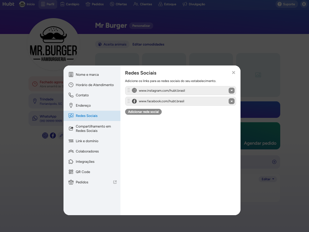 Aba Redes Sociais com dois links cadastrados e o botão Adicionar rede social