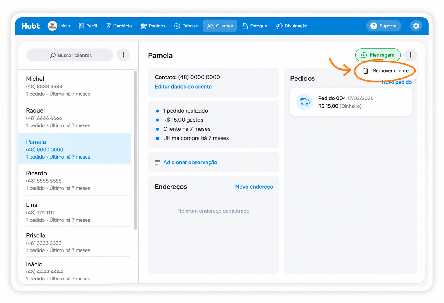 Três pontos da ficha do cliente abertos com a ação Remover cliente