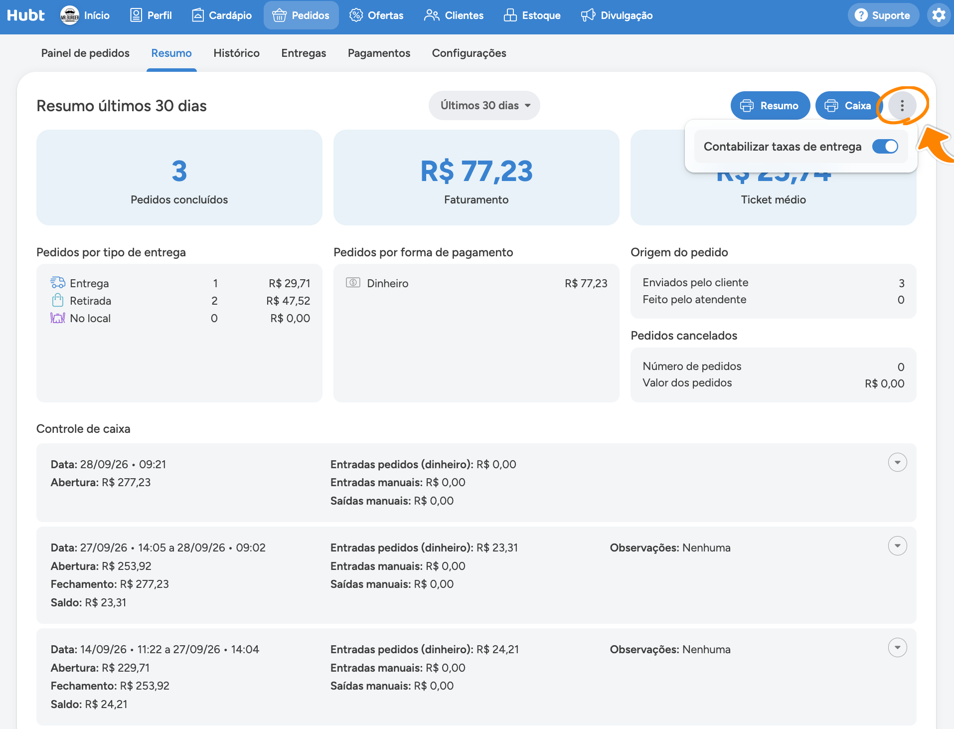 Menu dos tres pontos da aba Resumo circulado, com a chave Contabilizar taxas de entrega ligada