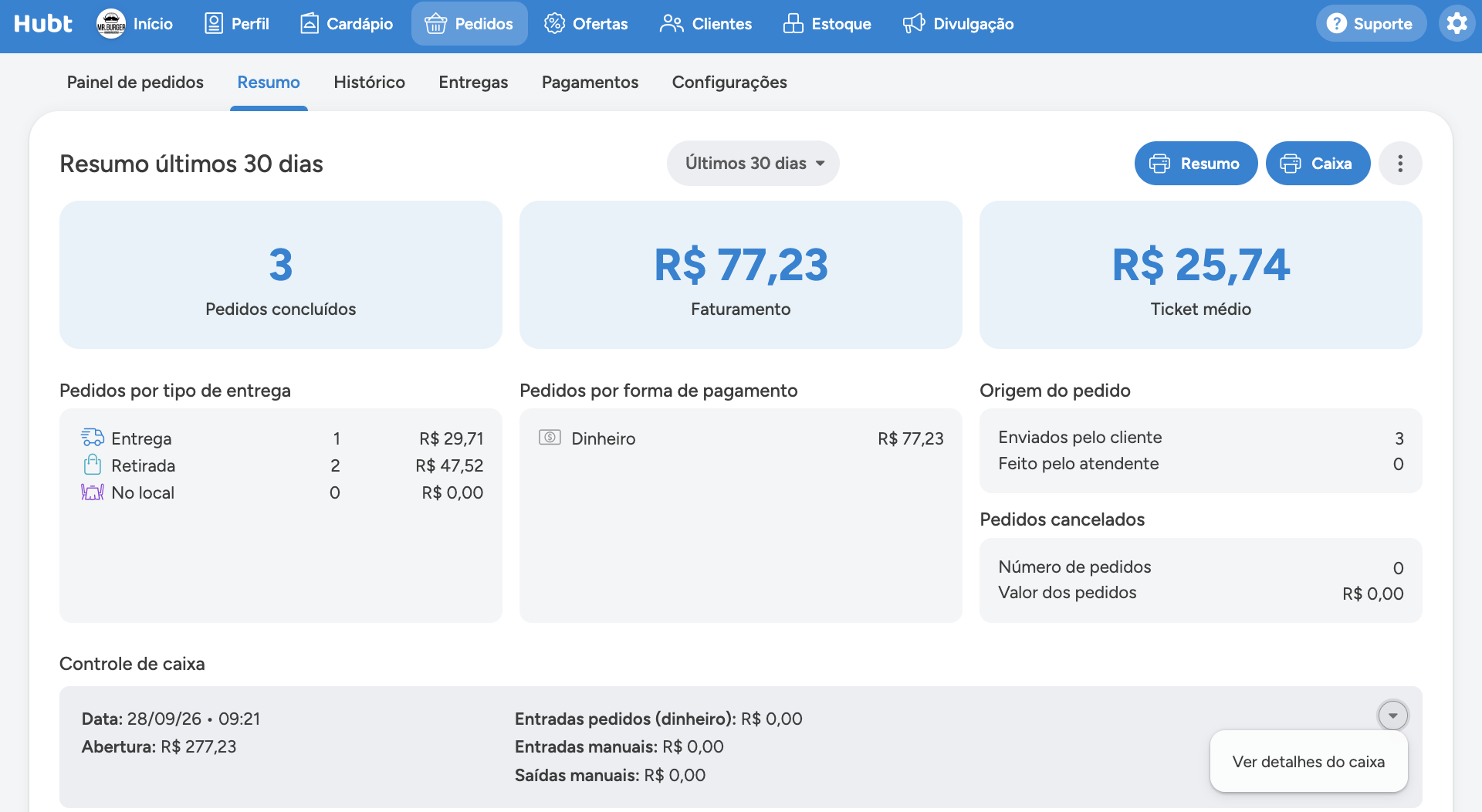 Bloco Controle de caixa no fim do Resumo, com a lista de expedientes e a setinha de detalhe