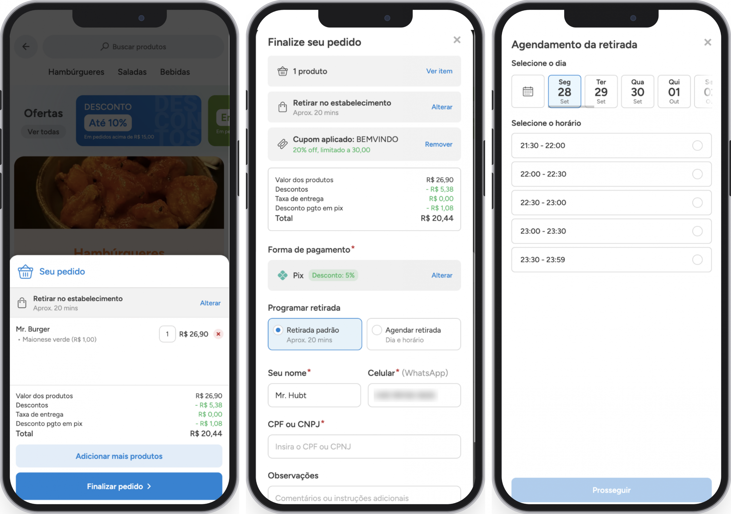 Três telas do cliente no celular: resumo do pedido com retirada, escolha entre retirada padrão e agendada, e a tela de agendamento com dia e horário
