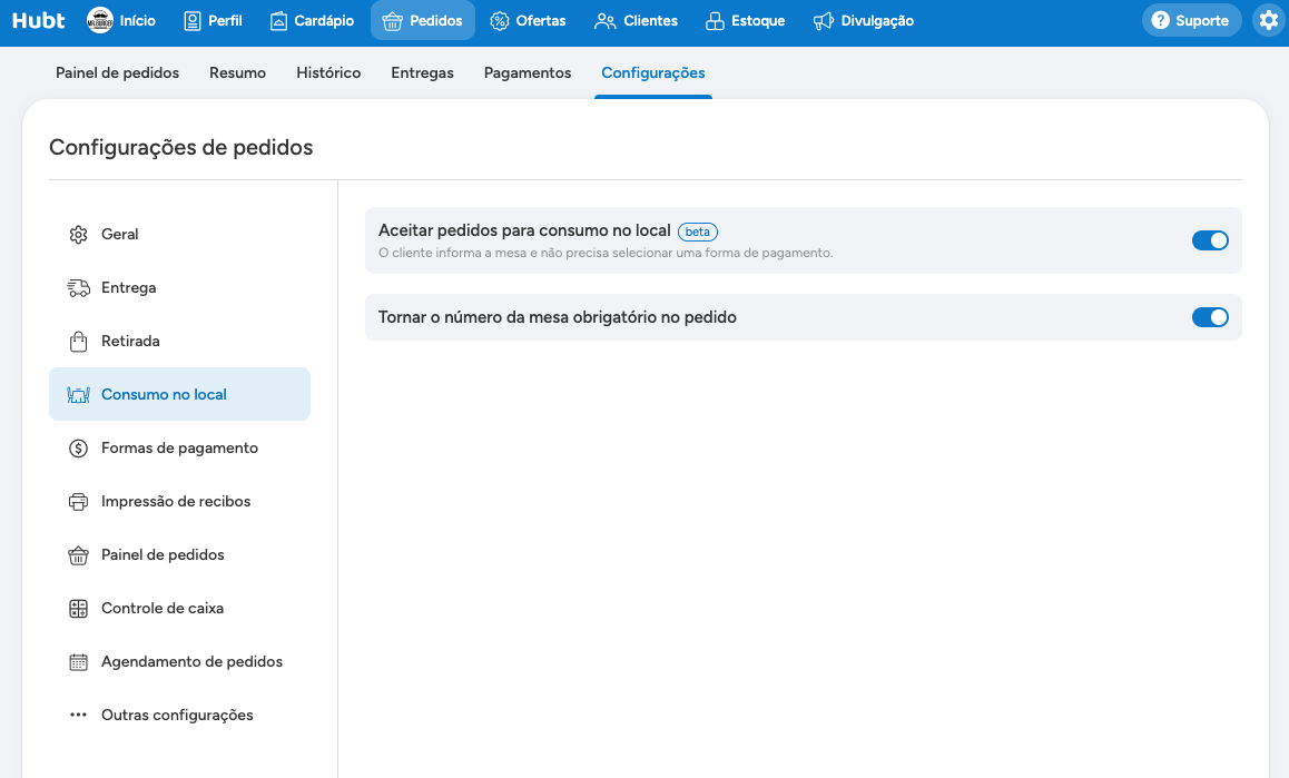 Seção Consumo no local das configurações de pedidos