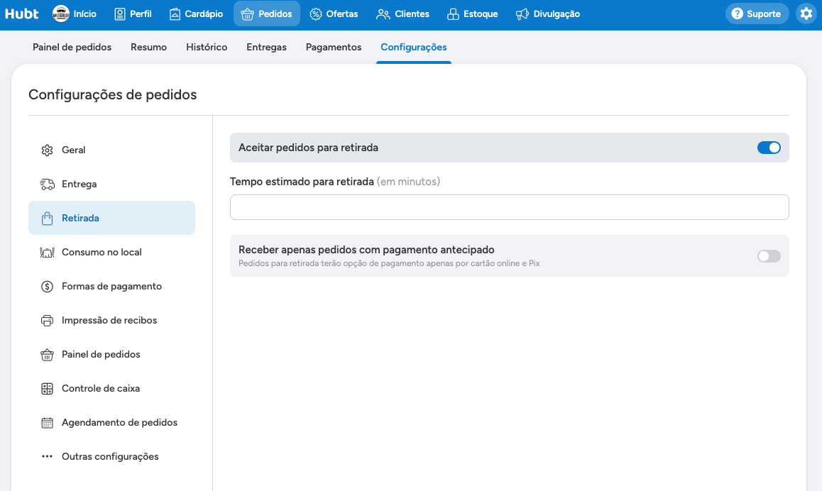 Seção Retirada das configurações de pedidos