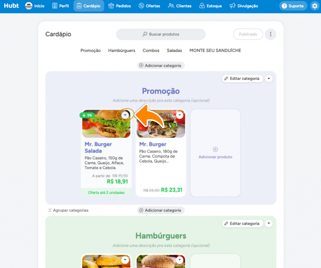 Cardápio mostrando a imagem do produto já cortada no formato do cartão