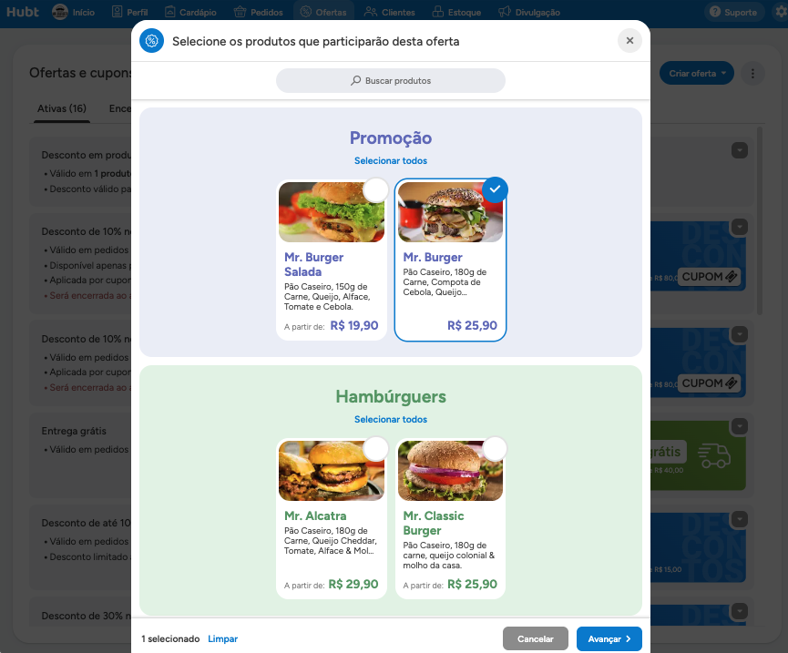 Janela Selecione os produtos que participarão desta oferta, com a busca e os produtos agrupados por categoria