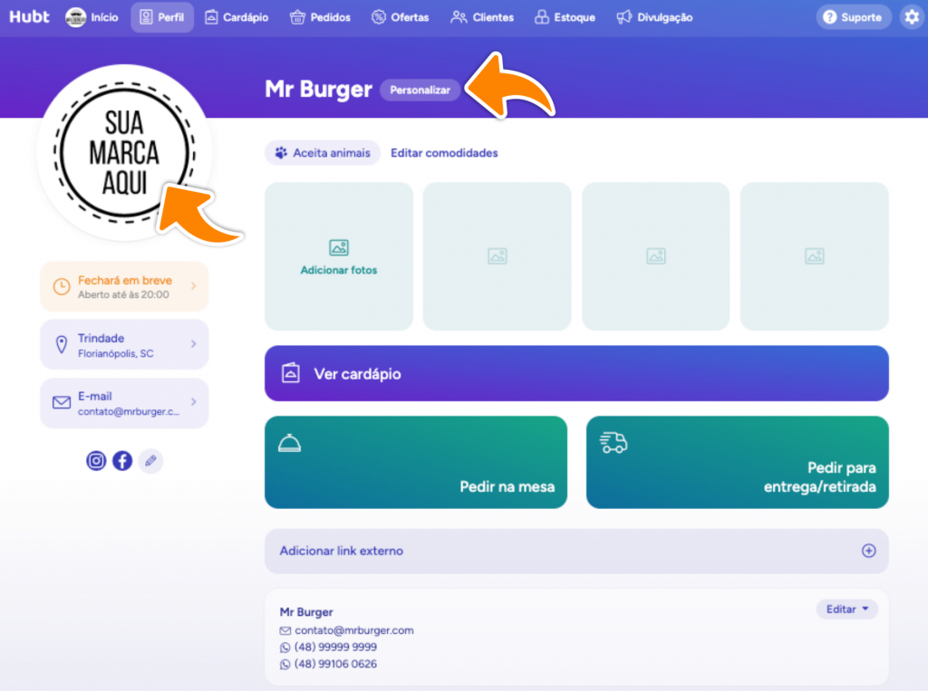 Tela do perfil com as setas laranjas apontando para Personalizar e para a área da marca