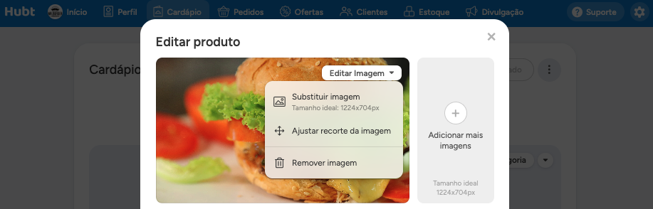 Menu Editar Imagem aberto, com Substituir imagem, Ajustar recorte da imagem e Remover imagem