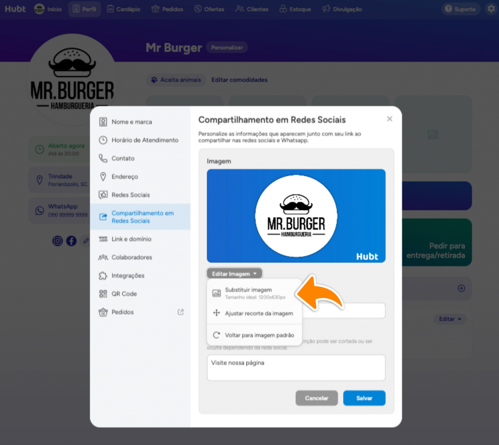 Menu Editar Imagem aberto no Hubt com as opções Substituir imagem, Ajustar recorte e Voltar para imagem padrão