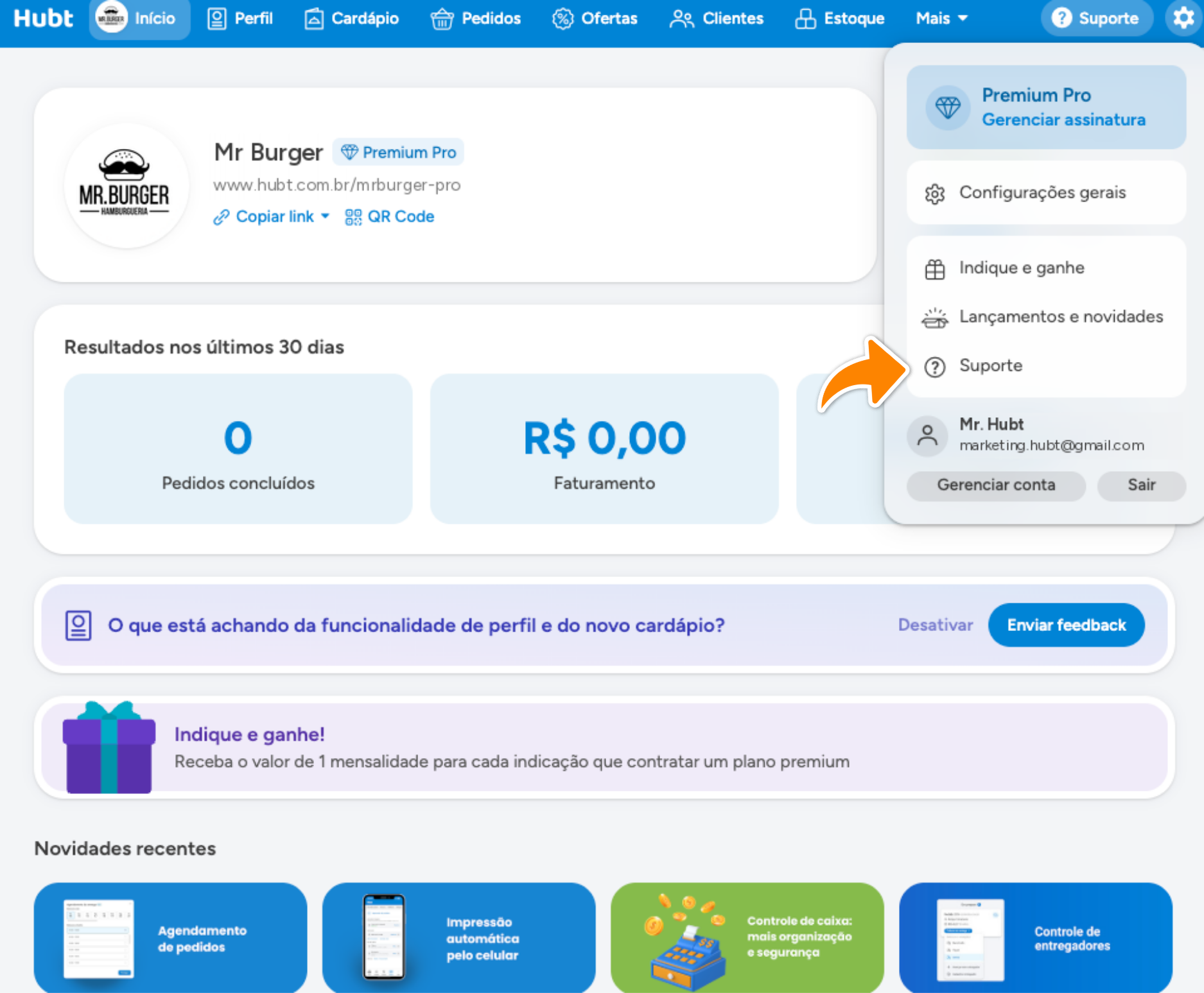 Menu da engrenagem aberto com a seta laranja no item Suporte