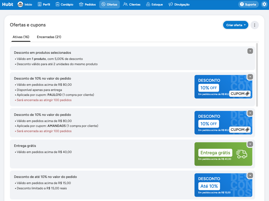 Tela de Ofertas e cupons com as abas Ativas e Encerradas e os cartões de cada oferta