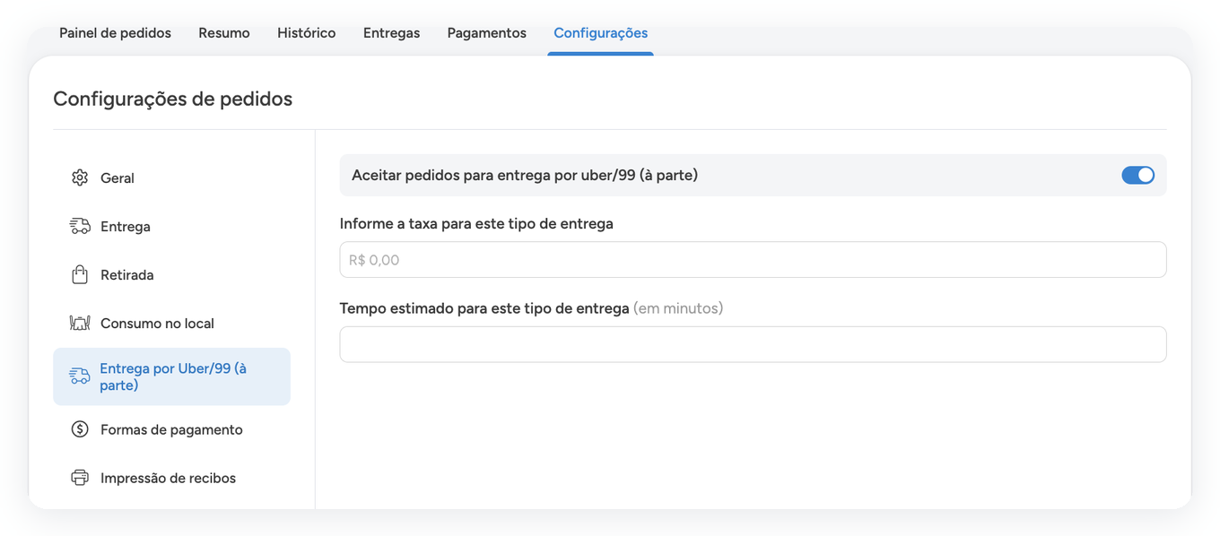 Aba Entrega por Uber/99 (à parte), com a chave de aceitar pedidos, o campo de taxa e o campo de tempo estimado