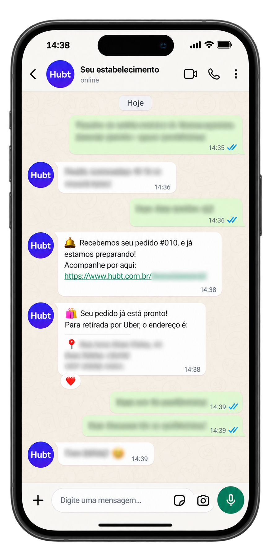 Conversa no WhatsApp no celular, com a confirmação do pedido e a mensagem de pedido pronto com o endereço de retirada