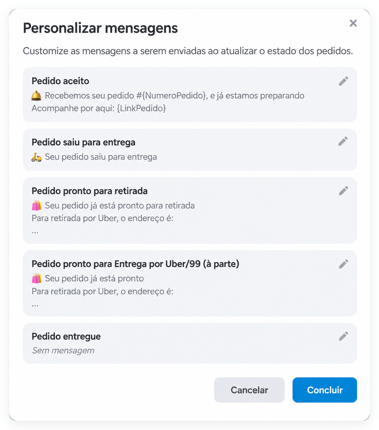 Janela Personalizar mensagens com as cinco etapas do pedido e o lápis de cada uma