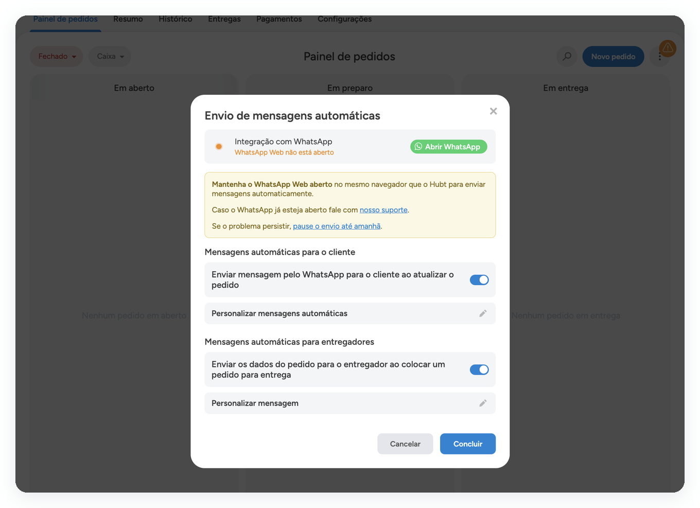 Janela Envio de mensagens automáticas, com a integração do WhatsApp e as chaves de mensagem para o cliente e para o entregador
