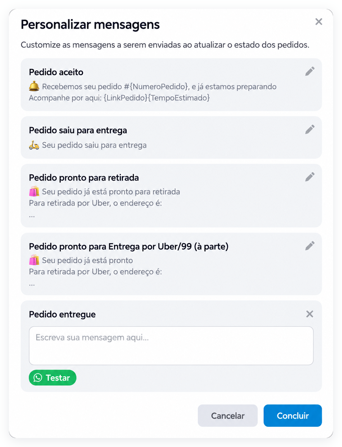 Mensagem Pedido entregue aberta para edição, com o campo em branco