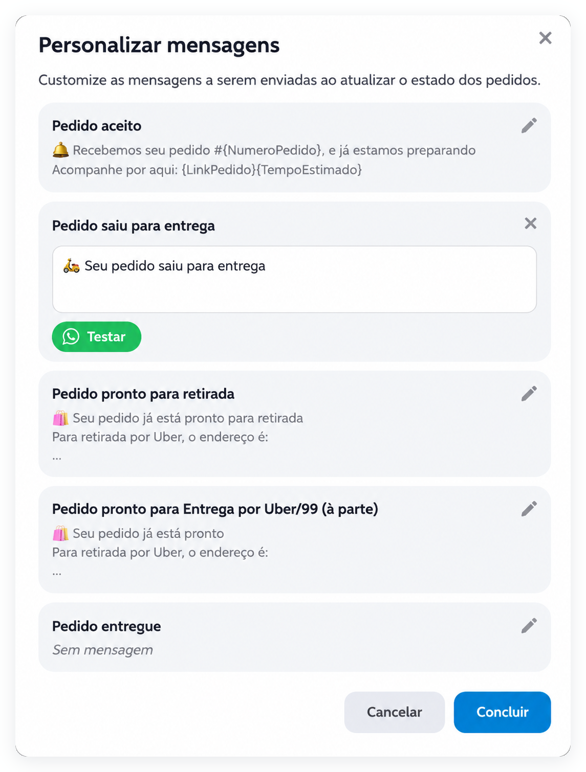 Mensagem Pedido saiu para entrega aberta para edição, com o botão Testar
