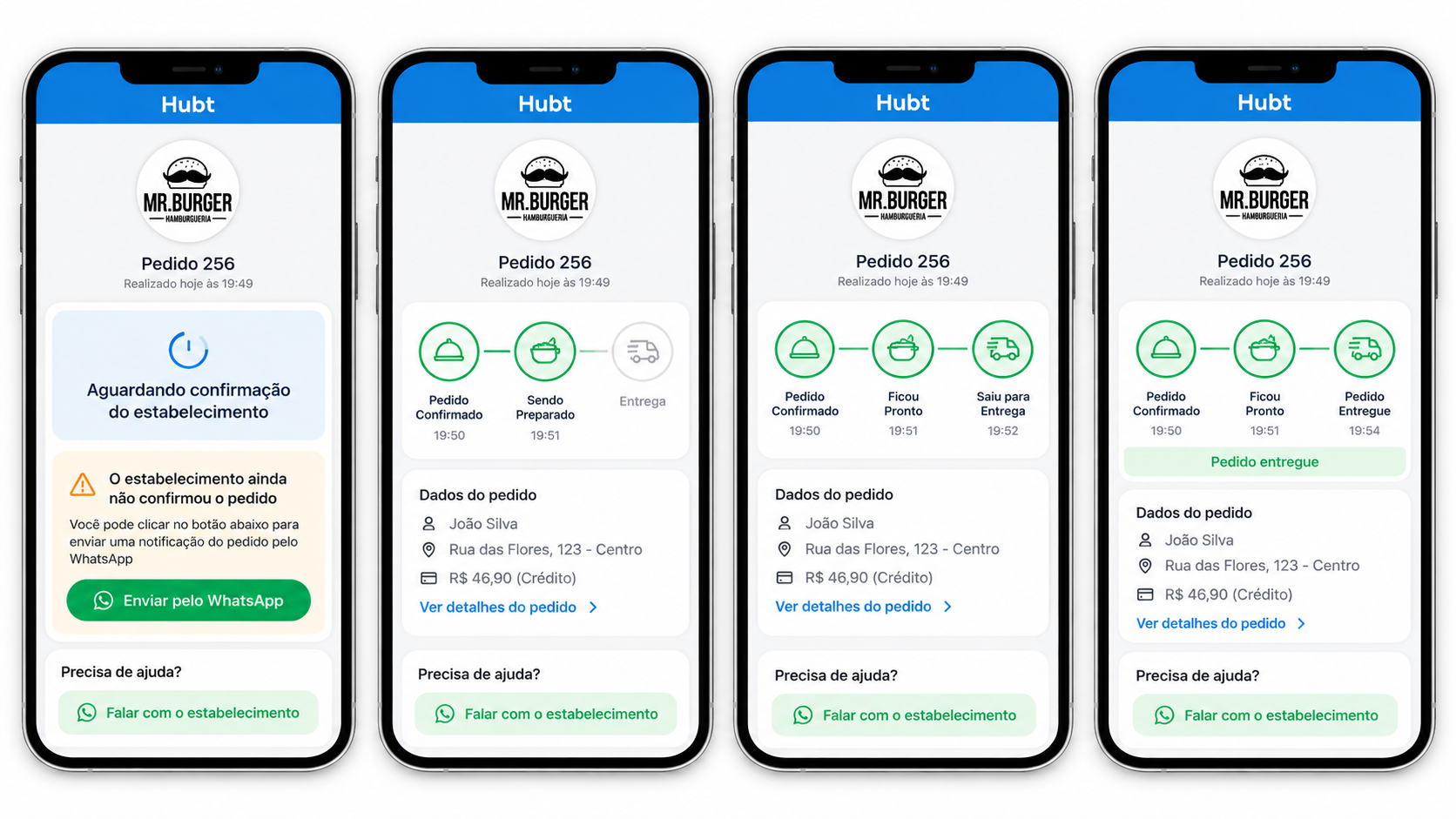 Tela do cliente acompanhando o pedido, com o estado e o horario previsto