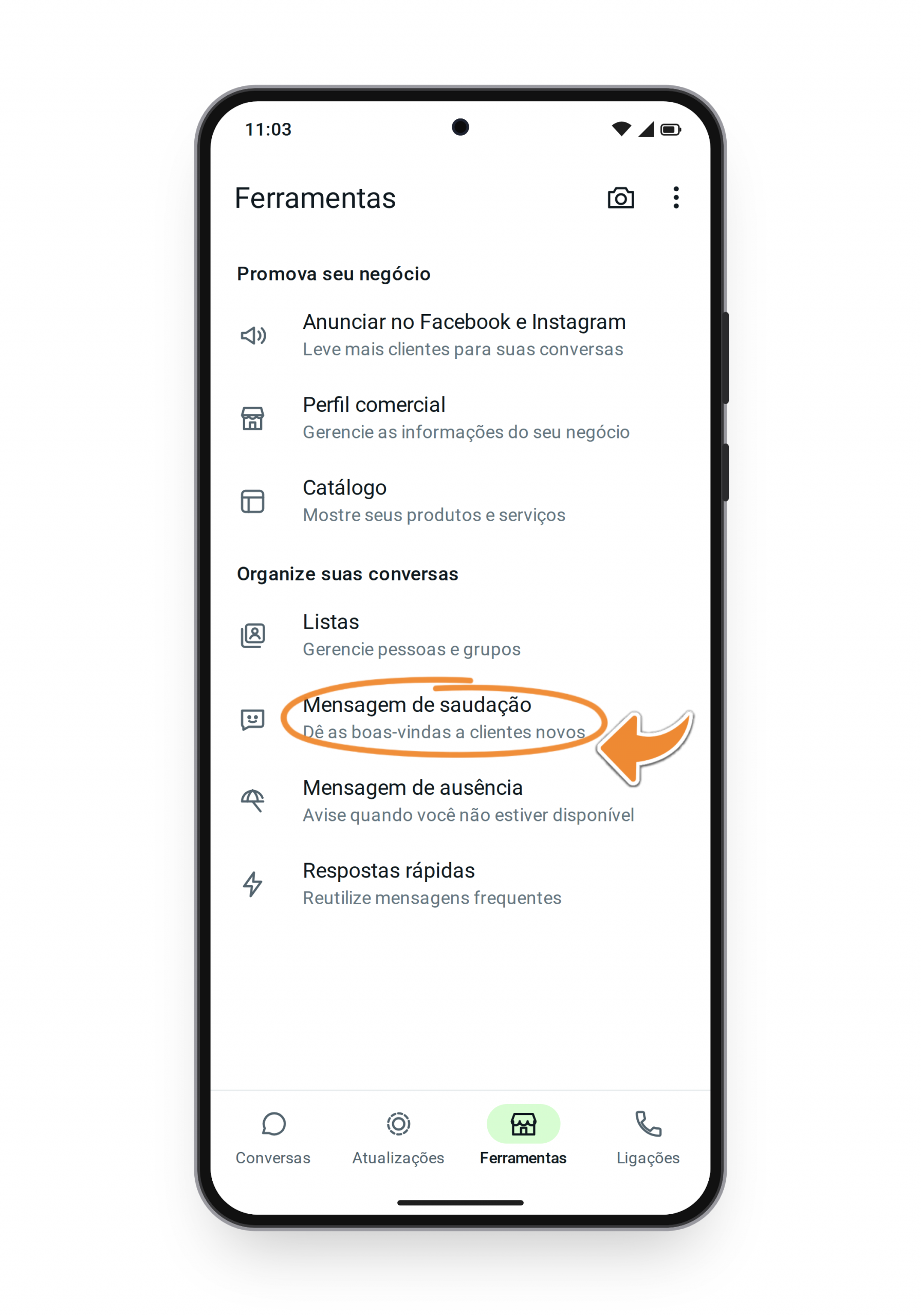 Menu Ferramentas do WhatsApp Business com Mensagem de saudação destacada