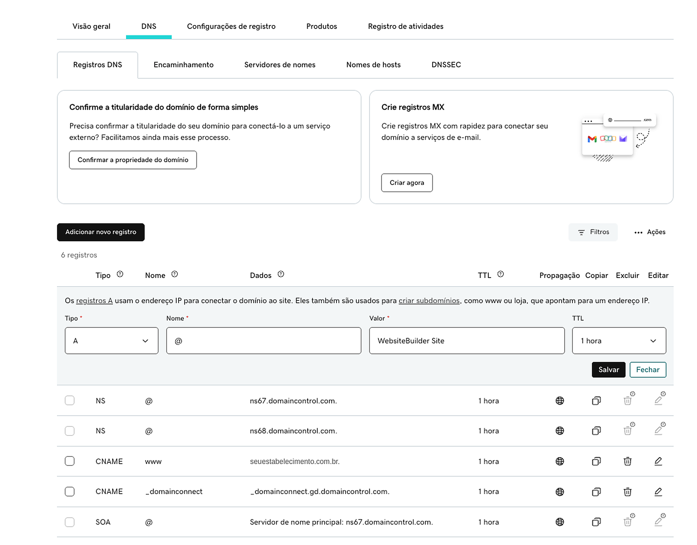 Linha do tipo A aberta para edição na tabela de registros da GoDaddy