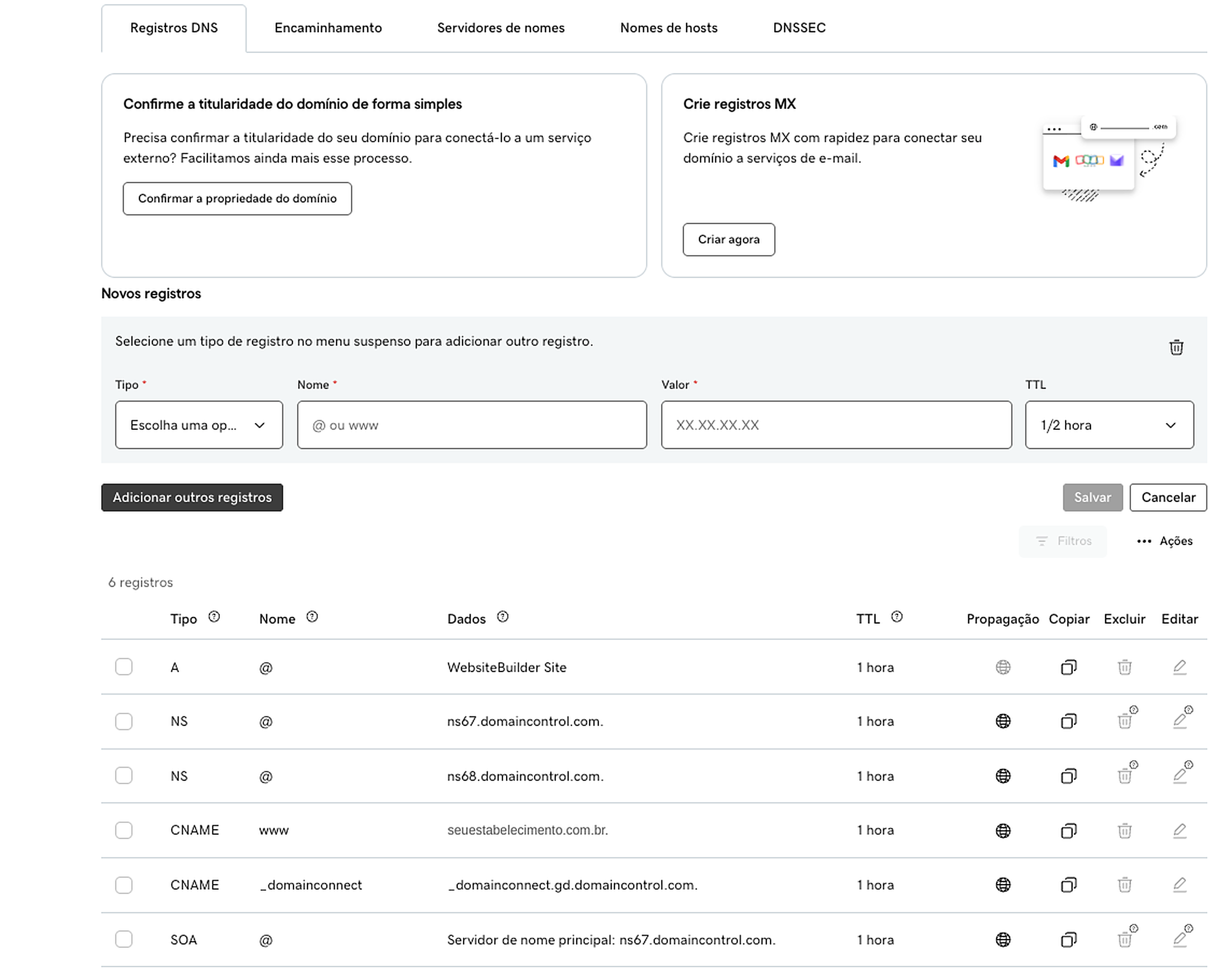 Formulário de novo registro na GoDaddy, com os campos Tipo, Nome, Valor e TTL em branco