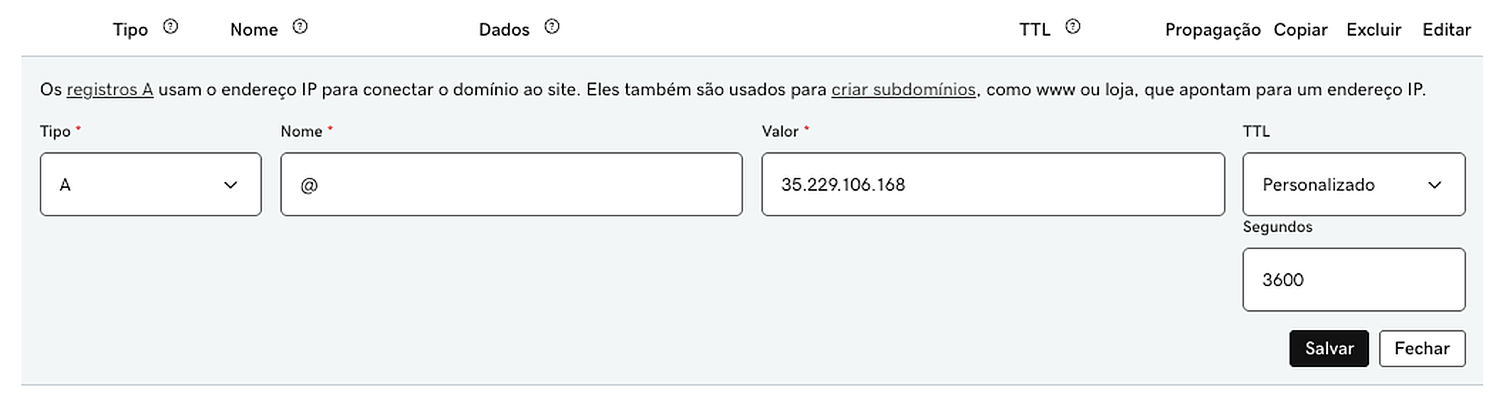 Campos do registro A preenchidos com o nome arroba e o endereço 35.229.106.168
