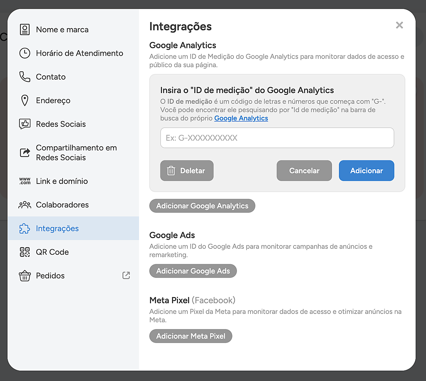 Campo do ID de medição do Google Analytics aberto, com o exemplo e os botões Deletar, Cancelar e Adicionar