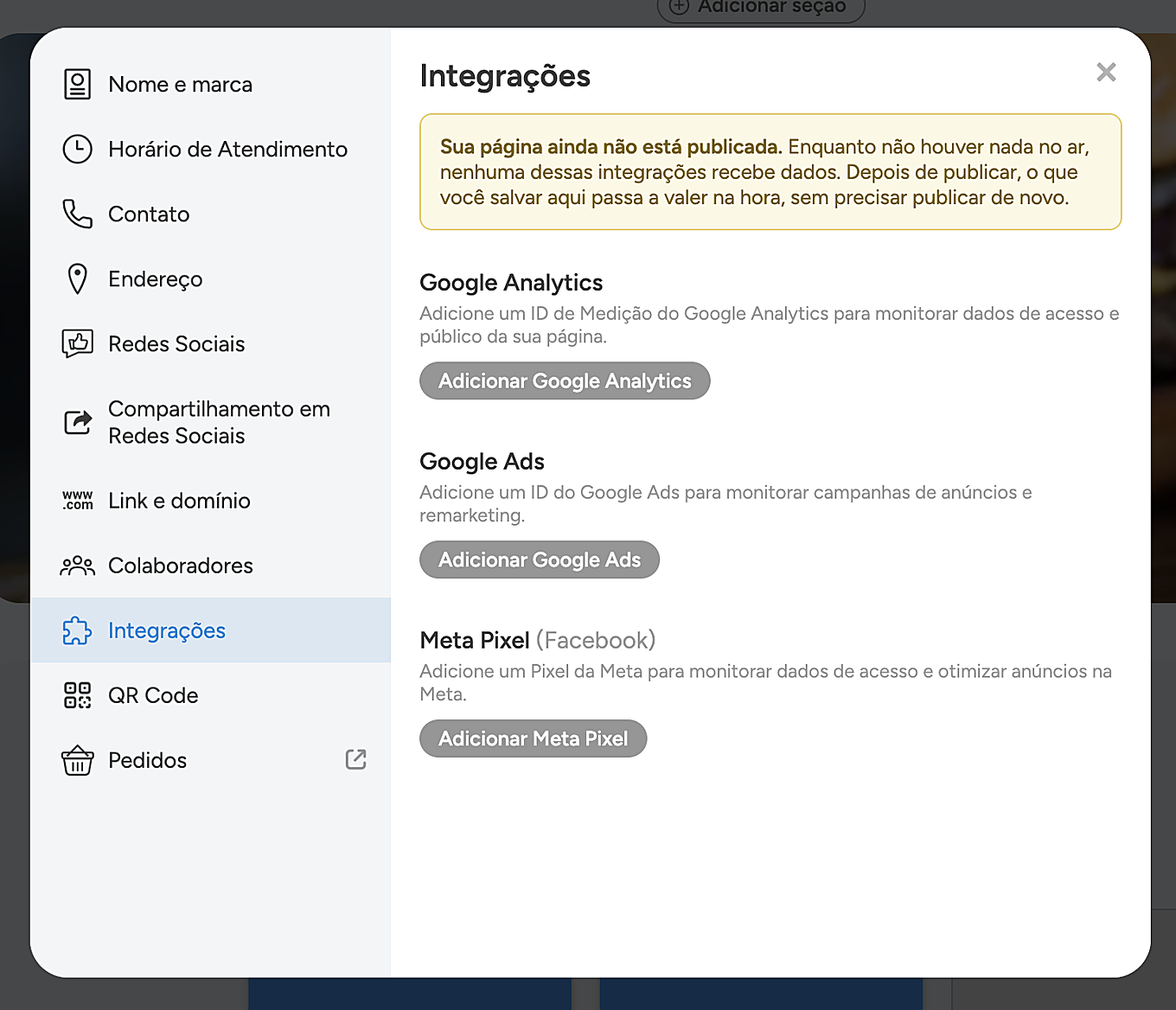 Janela Integrações aberta com o aviso de página ainda não publicada e os três blocos vazios: Google Analytics, Google Ads e Meta Pixel