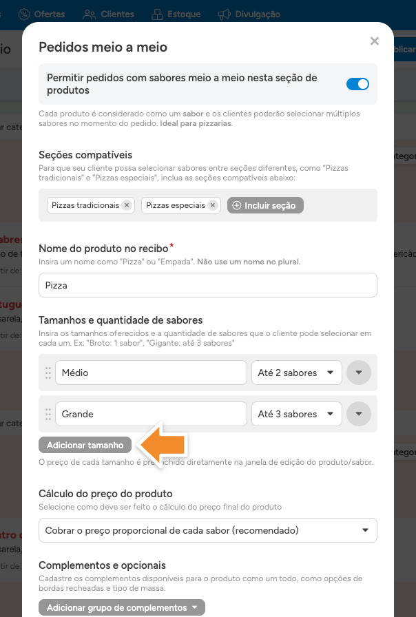 Nome e tamanhos