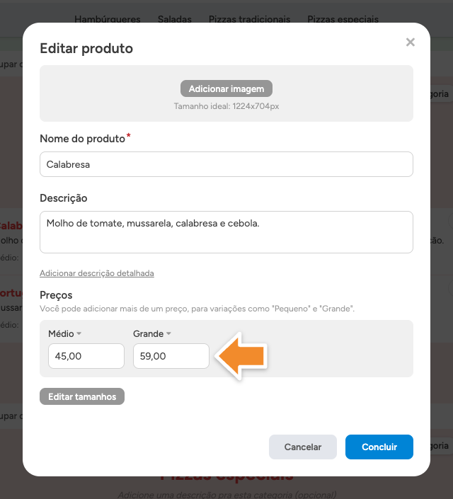Preco por tamanho