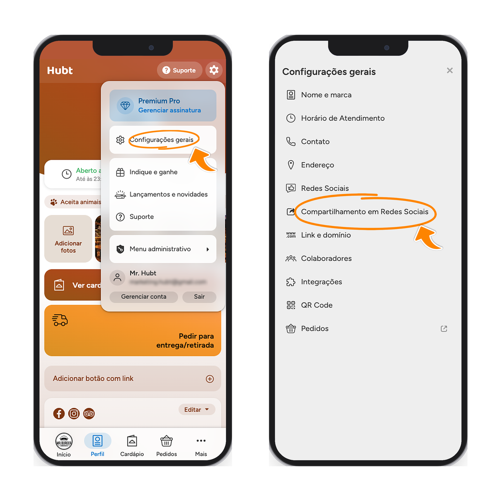 Menu da engrenagem no celular com Configurações gerais destacado, e a lista de abas com Compartilhamento em Redes Sociais destacado