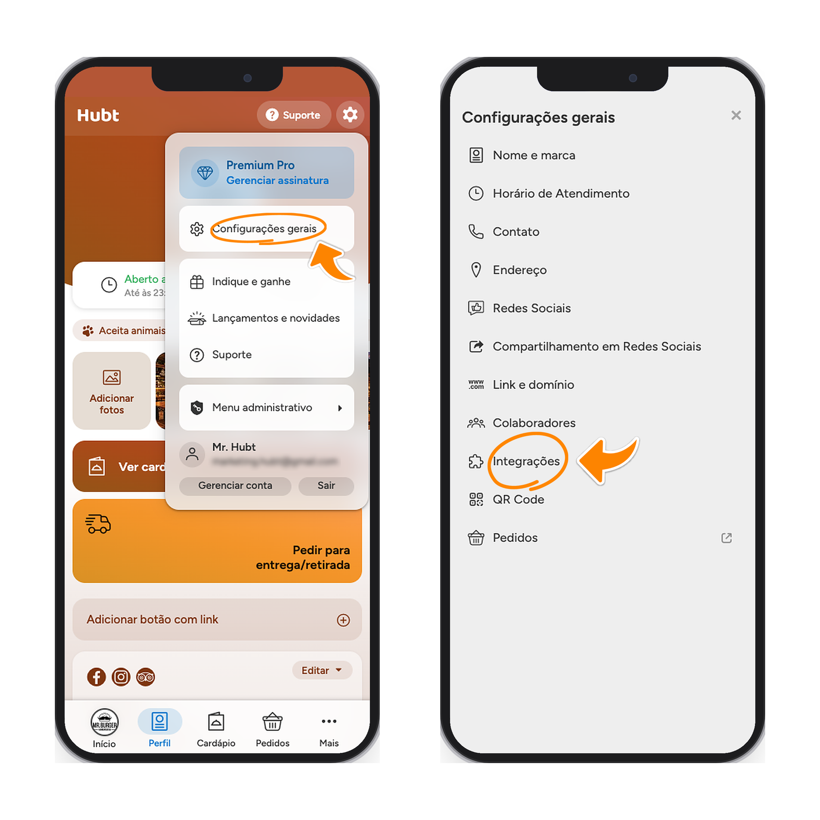Menu da engrenagem no celular com Configurações gerais destacado, e a lista de abas com Integrações destacado