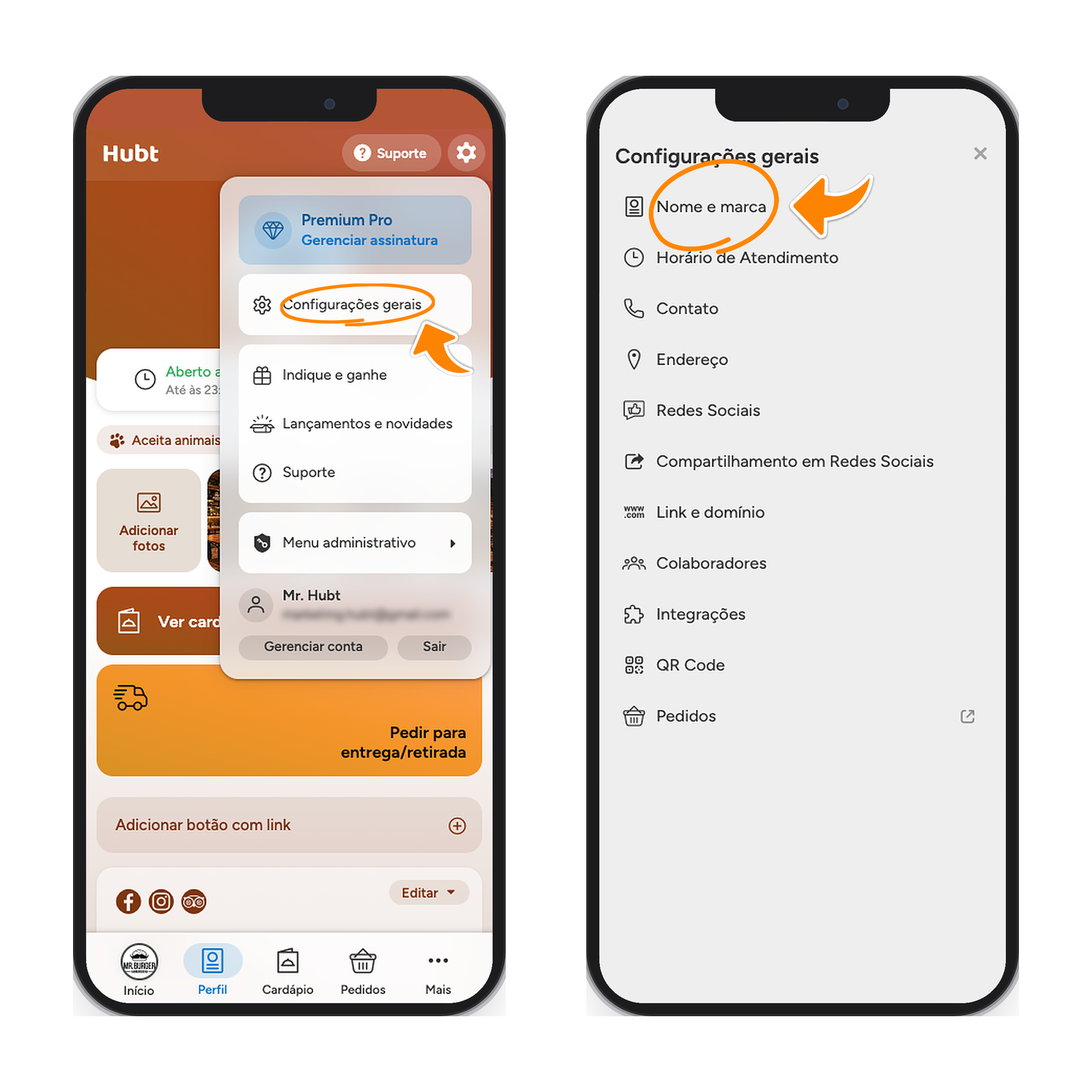 Menu da engrenagem no celular com Configurações gerais destacado, e a lista de abas com Nome e marca destacado
