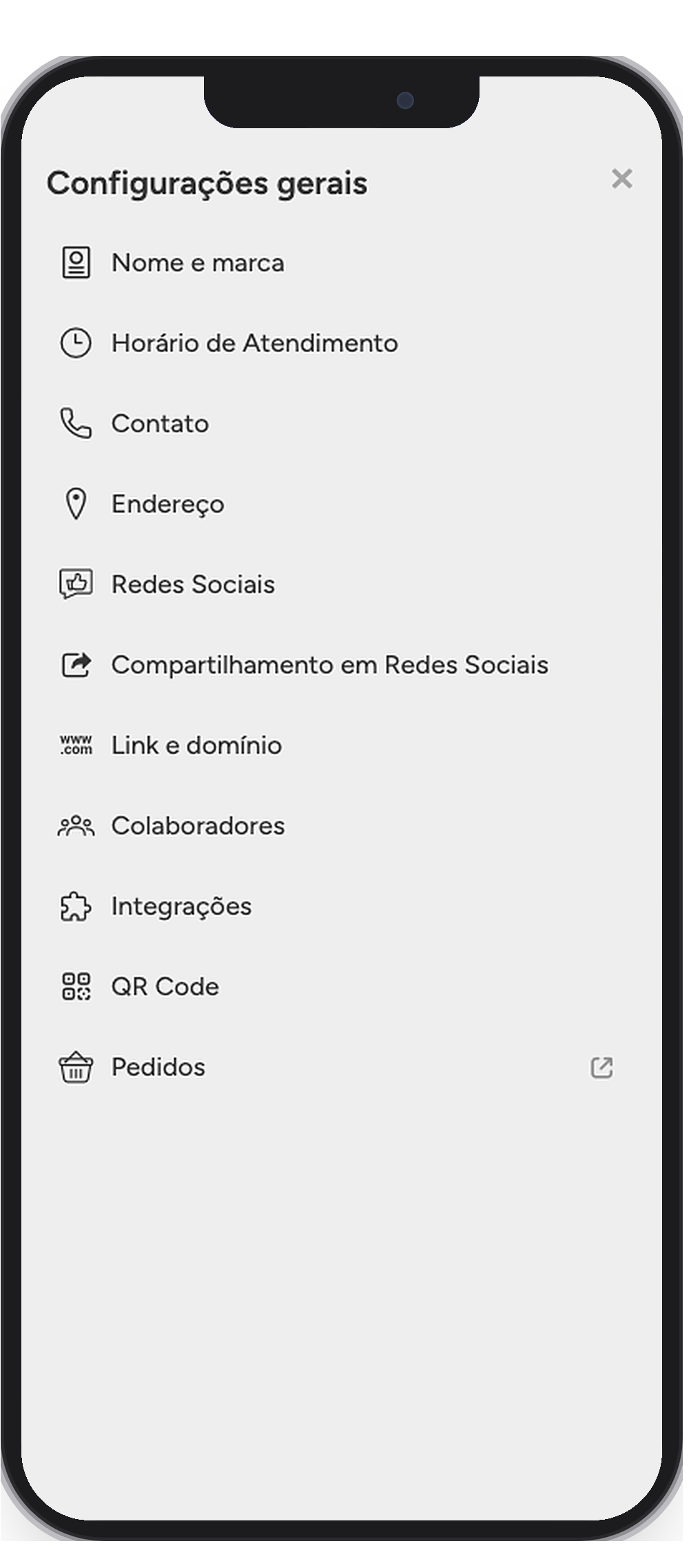 Lista de abas de Configurações gerais no celular, de Nome e marca até Pedidos