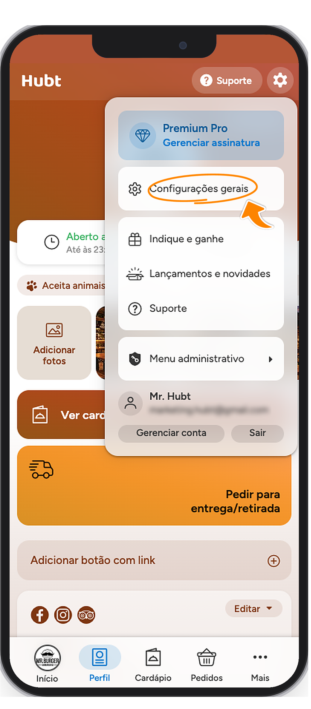 Painel do Hubt no celular com o menu da engrenagem aberto e a marcação laranja em Configurações gerais