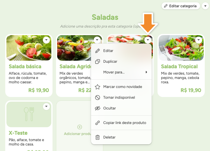 Menu produto
