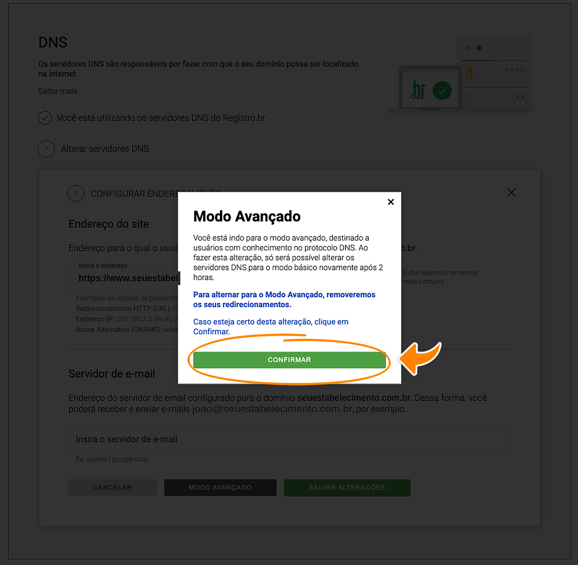 Aviso do Modo Avançado da Registro.br, com a marcação laranja no botão Confirmar