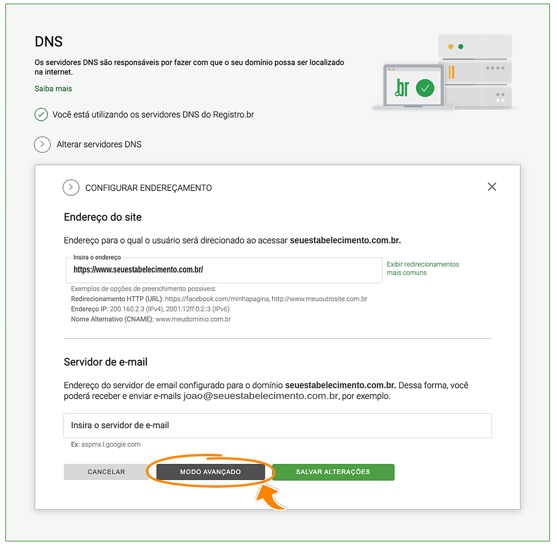 Janela Configurar endereçamento aberta na Registro.br, com a marcação laranja no botão Modo avançado