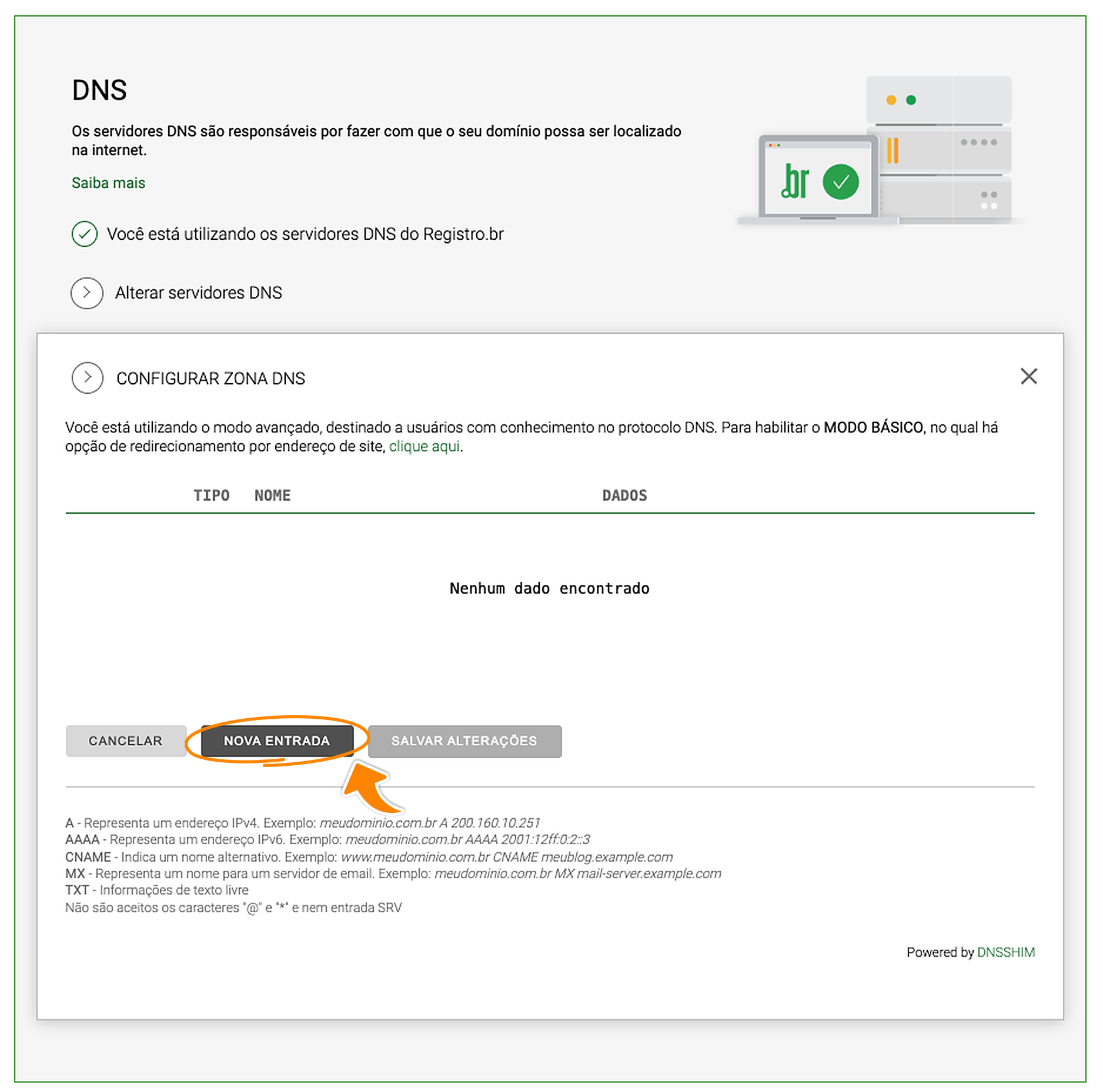 Zona DNS vazia na Registro.br, com a marcação laranja no botão Nova entrada
