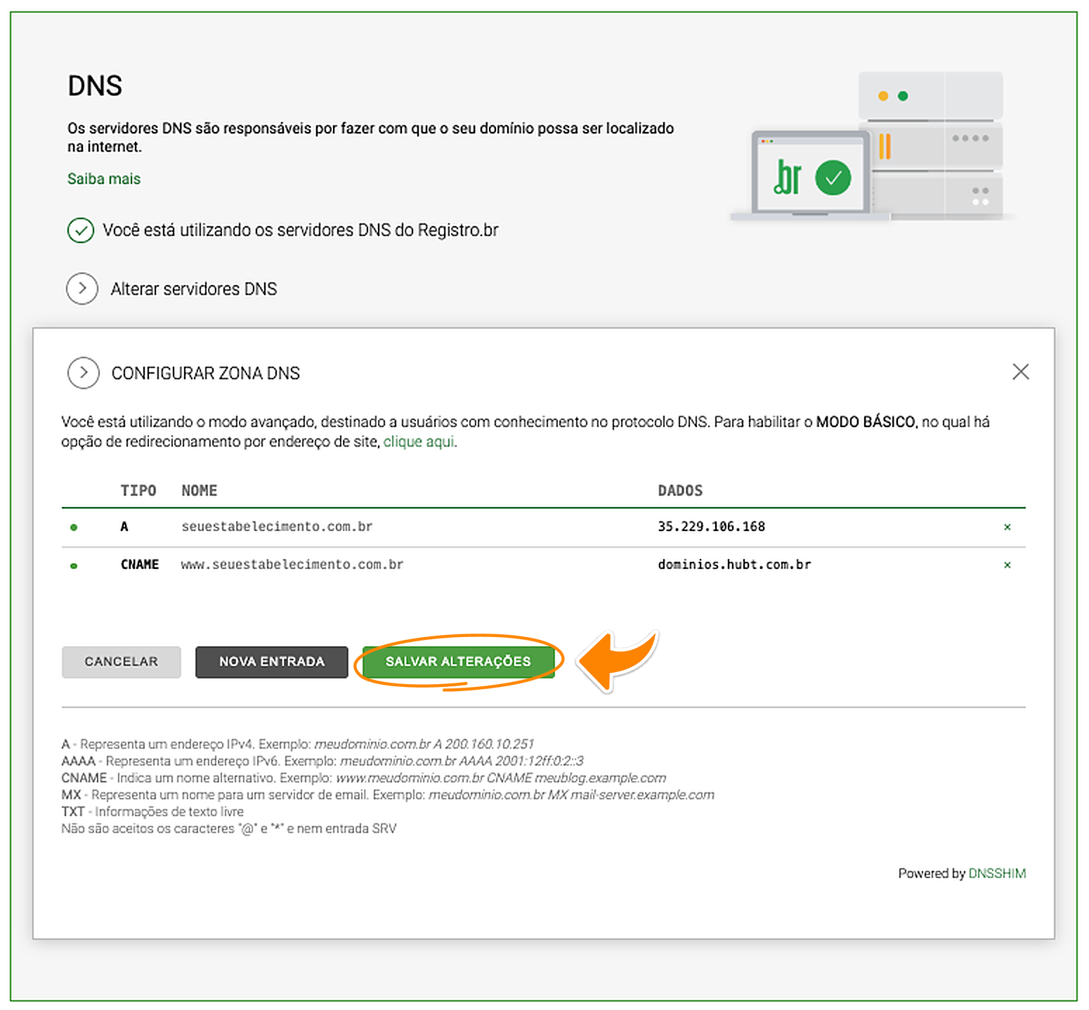 Zona DNS da Registro.br com as duas entradas criadas e a marcação laranja em Salvar alterações